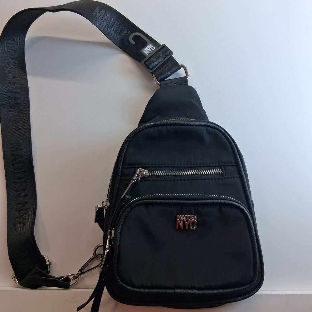 madden NYC Black nylon sling bag with silver hardware